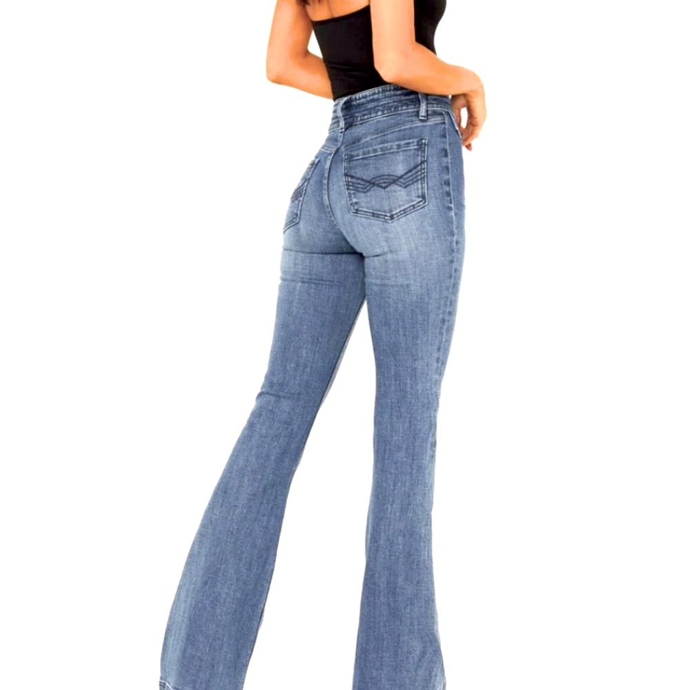IDYLLWIND: EDGE HILL MEDIUM WASH HIGH RISE OUTLAW FLARE JEANS